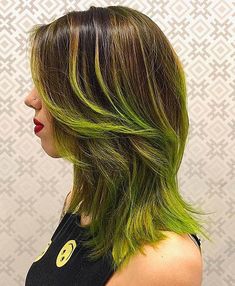 Green Bayalage Hair Brunettes, Brunette Hair With Green Highlights, Brown And Green Hair Underneath, Neon Green Highlights In Brown Hair, Green And Brown Hair Color, Sage Green Hair Highlights, Green Peak A Boo Hair, Green On Brown Hair, Green Streaks In Brown Hair