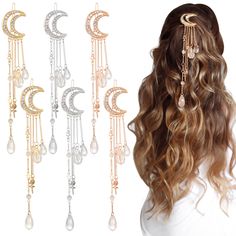 PRICES MAY VARY. Add Charm to Your Hairstyles: these moon hair pins jewelry feature tassels with moon star ornaments, exquisite in appearance and nice in craftsmanship, classic and stylish accessories, bright and adorable rhinestones, adding more charm and loveliness to your hairstyles Solid and Sturdy: these tassel beautiful hair pins are made of quality alloy material, solid and sturdy, inlaid and embellished with rhinestones, reliable to use, look shiny and glittering, full of beautiful luste Moon Hair Accessories Gold, Hair Chain Jewelry, Hairpin Accessories, Hair Chains, Rhinestone Hair Pin, Wedding Hair Clips, Star Hair, Moon Crystal