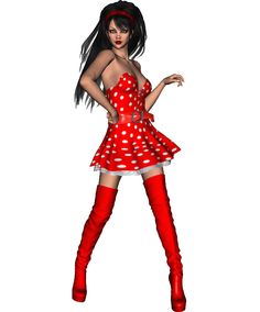 a woman dressed in red and white polka dotty is standing with her hands on her hips