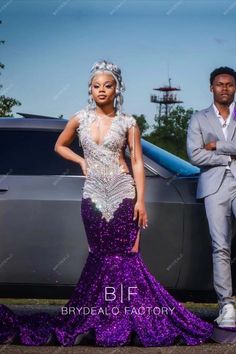 Sparkly Purple Sequin Mermaid Rhinestone Plunging Neck Prom Dress Inspiration Pictures #2024 #prominspiration #promcouple Purple Prom Ideas, Purple Prom Dress Couple, Purple Prom Dresses Black Women, Purple Prom Couple, Light Purple Prom Dresses, Purple Prom Suit, Rhinestone Prom Dress, Prom Dresses Purple, Prom Purple