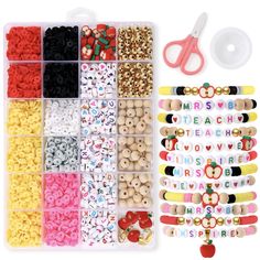 the bead kit is packed with beads, scissors and other crafting supplies to make bracelets