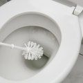 a white toilet with a cleaning brush in it