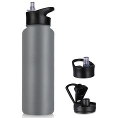 a stainless steel water bottle next to a black lid and holder for thermos