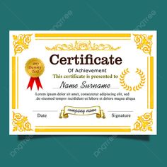 a certificate with a gold border and a red ribbon on it, in front of a teal green background