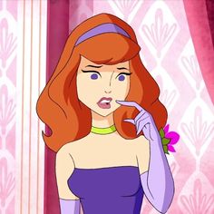 an animated image of a woman with red hair wearing a purple dress and pointing at her finger