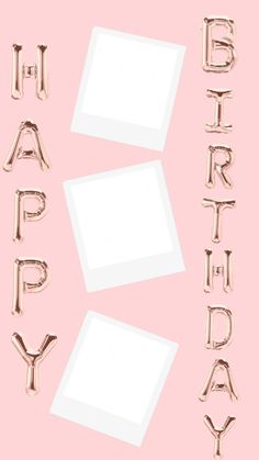 the words happy birthday spelled out in gold foil letters on a pink background with balloons