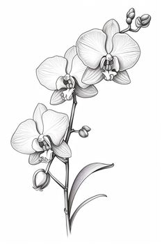 an ink drawing of two orchids on a white background