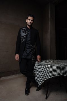 Men Full Sleeve Black Coat, Handmade Kurta And Pant Set, Men Western Wear Suit Set, Festive Wear, Black Jodhpuri, Men Black Suit Dress Set Stylish Indo western coat with short kurta & pant with beautiful zardozi work embellished with leather patch work Product Description:- SKU NO:-  Item Contain - Jackets & Coats Material : 100% Cotton Color : Black ( Show In Image ) Work : Printed Work ( As Shown In Image ) Model Height : 5.8'' Approx. Fit Type : Regular Fit Color Declaration:- Black  ----------------------------------------------------------------------------------------------------------------------------------- ----------------------------------------------------------------------------------------------------------------------------------- ❤️ Gift for Mother's Day ❤️ Gift for Your Lo Black Semi-formal Kurta For Festive Occasions, Traditional Black Kurta For Groom, Traditional Drape Black Kurta For Groom, Black Traditional Wear For Festive Semi-formal Occasions, Black Long Sleeve Traditional Wear For Groom, Black Semi-formal Traditional Wear For Festive Occasions, Black Traditional Wear With Resham Embroidery For Groom, Black Traditional Wear With Resham Embroidery For Wedding, Black Kurta For Groom Eid Occasion