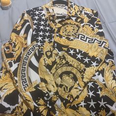 Size 40 Versace Buroque Pattern Long Sleeve Gold Long Sleeve Tops With Baroque Print, Gold Long Sleeve Top With Baroque Print, Long Sleeve Gold Tops With Baroque Print, Gold Long Sleeve Shirt With Graphic Print, Luxury Long Sleeve Printed Blouse, Luxury Long Sleeve Tops With Baroque Print, Versace Baroque, Versace Shirts, Versace Gold