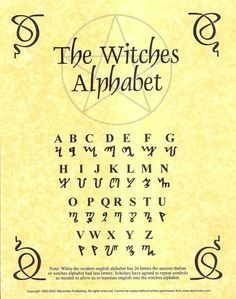 the witches alphabet written in black ink on parchment paper with an image of a star