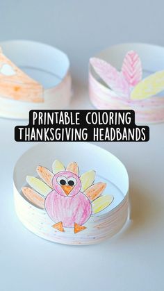 three paper plates with turkeys on them and the words printable coloring thanksgiving headbands