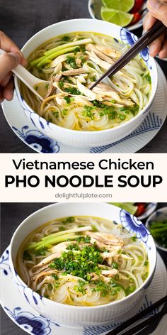 vietnamese chicken pho noodle soup in a bowl with chopsticks