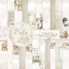 a wallpaper pattern with baby pictures and words on it's side, including an angel