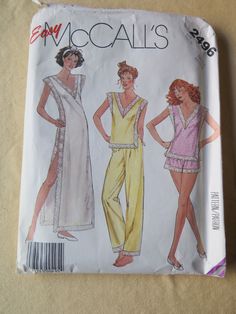 "McCalls 2496 Misses Nightgown and Pajamas sewing pattern, size Petite small. Pullover nightgown or pajama top has V neckline with lace trim, extended shoulders, lace trimmed side seams and hemlines. Pajama shorts or pants have elastic in waistline casing and lace trimmed hemlines. size small Bust: 32-34\" Waist: 25-26.5\" Hips: 34.5-36\" Pattern is uncut with instructions. Light wear to envelope. See more vintage patterns, fabric, kits and notions in our store: https://www.etsy.com/shop/glamourstitch SPECIAL OFFER FOR OUR DOMESTIC CUSTOMERS - Buy 3 Sewing Patterns and your order ships for FREE! Use coupon code \"3FORME\" at checkout and FREE shipping will apply to your total. Offer good for domestic US customers only." 1990s Pajamas, Vintage Pajama Pattern, Pajama Sewing Pattern, 80s Pajamas Vintage, 1950 Pajamas, 60s Pajamas Vintage, Pajamas Sewing Pattern, Vintage Nightwear, Pajamas Sewing