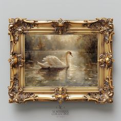 an oil painting of a white swan swimming in a pond by a gold framed frame