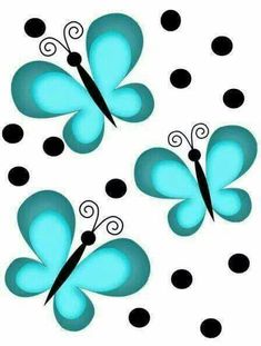 three blue butterflies with black dots on the bottom and one is flying in the air