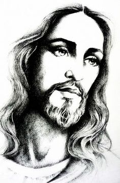 a drawing of jesus with long hair and beard