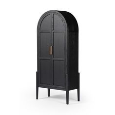 a black cabinet with an arched door on the top and bottom, in front of a white background