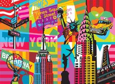 the new york city skyline is depicted in this colorful poster