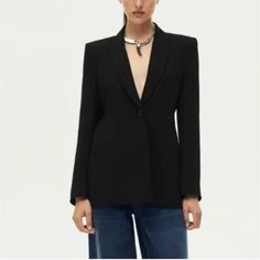 Zara Woman Collection V-Neck Lapel Collar Blazer. Long Sleeves With Shoulder Pads. Front Welt Pockets. Tonal Interior Lining. Front Button Closure. Outer Shell 100% Polyester Lining 100% Viscose 20 Black | 7649/187 Tailored Black V-neck Outerwear, Chic Tailored V-neck Outerwear, Elegant V-neck Blazer For Fall, Black V-neck Blazer For Work, Chic Evening Outerwear With V-neck, Black Tailored V-neck Outerwear, V-neck Blazer For Formal Fall Events, Formal Fall V-neck Blazer, Formal V-neck Blazer For Fall