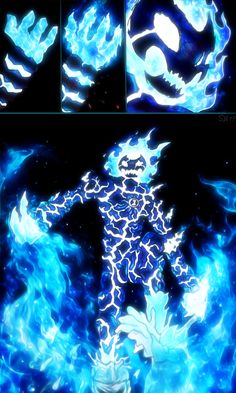 some blue and white flames are in the shape of an evil man with his arms spread out