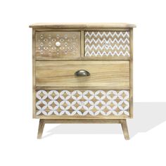 a wooden cabinet with two drawers and an intricate design on the front, one drawer is open