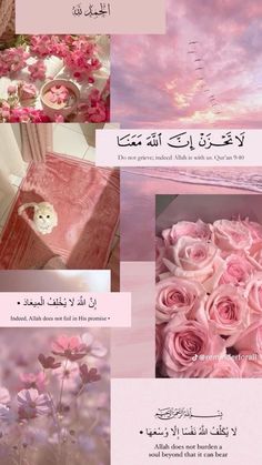 some pink flowers are in the middle of different pictures with arabic writing on them, and there is also an image of a teddy