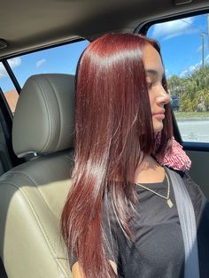 Light Cherry Red Hair, Straight Burgundy Hair, Burgundy Hair Tan Skin, Burdungy Red Hair Color, Red Hair Latina, Dark Wine Red Hair, Burgandy Hair On Brown Girl, Light Burgundy Hair, Dark Maroon Hair