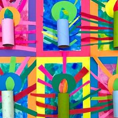 colorful art work made with toilet paper and rolled up papers on top of each other