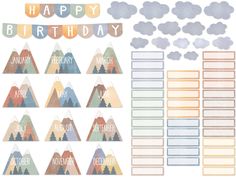 happy birthday planner stickers with mountains and clouds in the sky, on top of each other