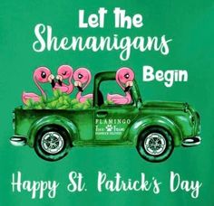 a green truck with flamingos in the back and let the shennangans begin happy st patrick's day