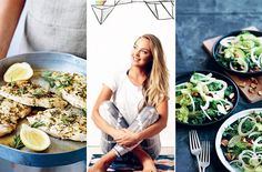 a woman sitting on the floor next to plates of food and a bowl of salad