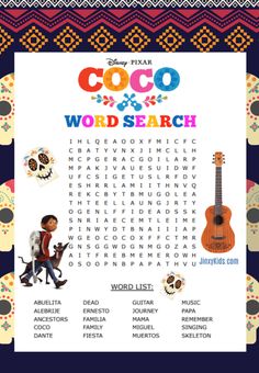 a crossword puzzle with the words coco and word search in front of an image of a