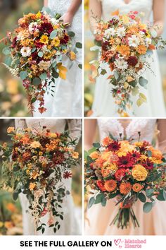 This pin features a collection of 4 stunning fall wildflower bouquets, showcasing colorful autumn arrangements with rich hues of red, orange, and yellow. Perfect for rustic weddings, these vibrant designs highlight the beauty of this season's blooms. Ranch Wedding Flowers, Fall Wedding Flowers November, October Wedding Bouquets, Bridal Bouquet Shapes, Fall Flowers Bouquet, Fall Bridal Bouquet October, Autumnal Wedding Flowers, Dried Flowers Wedding Bouquet, Wedding Bouquet Orange