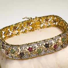 Vtg Designer Silver 18k Gold Overlay Ruby Emerald Sapphire Tennis Bracelet - 8” Sapphire Tennis Bracelet, Ruby Emerald, Gold Overlay, Design Silver, Tennis Bracelet, Womens Jewelry Bracelets, 18k Gold, Emerald, Ruby