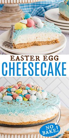 an easter egg cheesecake with blue icing and marshmallows on top