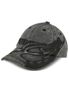 a baseball cap with an abstract design on the front and side panel, in grey