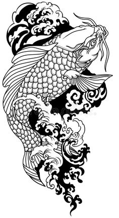 Koi Fish Drawing Tattoo, Pez Koi Tattoo, Dragon Koi Tattoo Design, Waves Black And White, Koi Dragon Tattoo, Japanese Wave Tattoos, Karp Koi, Carp Tattoo, Japanese Koi Fish Tattoo