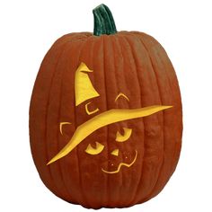 a carved pumpkin with a witch's hat on it and eyes drawn on the side