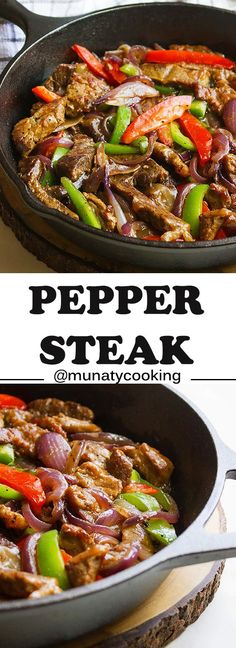 two pictures of beef steak in a skillet with peppers and onions on the side