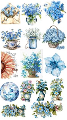 blue flowers and vases are shown in this watercolor painting style set on white paper