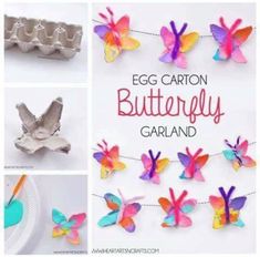 an egg carton butterfly garland is shown with the words egg carton butterfly garland