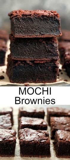 chocolate brownies stacked on top of each other with the words mochi brownies above them