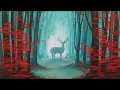 a painting of a deer standing in the middle of a forest with red leaves on it