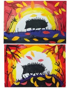 two paintings of pigs in the fall leaves