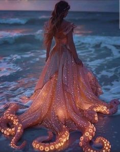 a woman in a long dress standing on the beach with an octopus light up costume