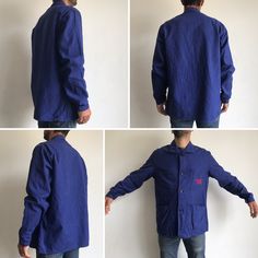 "French vintage workwear jacket Made in France 1970s French worker jacket in indigo blue cotton . Classic fit. 4 buttons front. Buttoned cuffs. All buttons are in Bakelite Shirt collar. 3 exterior pockets , one interior. No brand label . Red embroidery Forges de Niaux on chest pocket. Size / composition label inside Vintage item in very good condition. Fabrics 100% cotton canvas Sanfor Size (according to the label): 50 Our man model wears usually size M and measures 175cm / 68.8\" Measures (take Indigo Cotton Outerwear For Everyday, Vintage Blue Outerwear For Everyday, Pre-washed Blue Outerwear For Work, Indigo Cotton Outerwear With Relaxed Fit, Blue Cotton Utility Outerwear, Vintage Blue Everyday Outerwear, Relaxed Fit Indigo Cotton Outerwear, Indigo Relaxed Fit Cotton Outerwear, Vintage Blue Shirt For Workwear