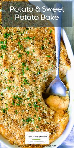 baked potato and sweet potato bake in a white dish with a spoon on the side