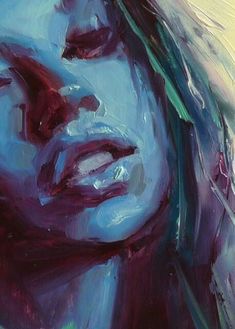 a painting of a woman's face with blue and purple paint on the upper half of her face