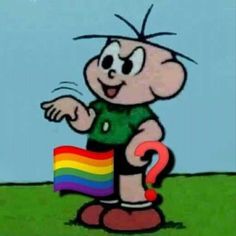 a cartoon character holding a rainbow flag and pointing to the right with one hand on his hip